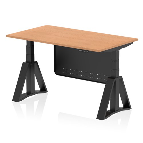 Air Modesty 1400 x 800mm Height Adjustable Office Desk Oak Top Black Leg With Black Steel Modesty Panel with Piste Foot