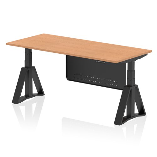 Air Modesty 1800 x 800mm Height Adjustable Office Desk Oak Top Black Leg With Black Steel Modesty Panel with Piste Foot