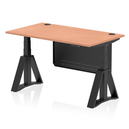 Air Modesty 1400 x 800mm Height Adjustable Office Desk Beech Top Cable Ports Black Leg With Black Steel Modesty Panel with Piste Foot
