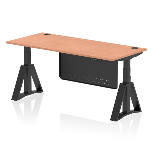 Air Modesty 1800 x 800mm Height Adjustable Office Desk Beech Top Cable Ports Black Leg With Black Steel Modesty Panel with Piste Foot