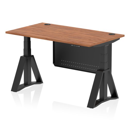 Air Modesty 1400 x 800mm Height Adjustable Office Desk Walnut Top Cable Ports Black Leg With Black Steel Modesty Panel with Piste Foot
