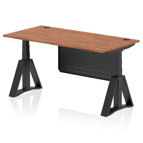 Air Modesty 1600 x 800mm Height Adjustable Office Desk Walnut Top Cable Ports Black Leg With Black Steel Modesty Panel with Piste Foot