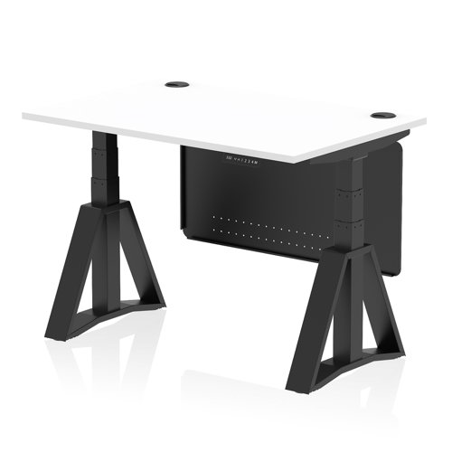 Air Modesty 1200 x 800mm Height Adjustable Office Desk White Top Cable Ports Black Leg With Black Steel Modesty Panel with Piste Foot