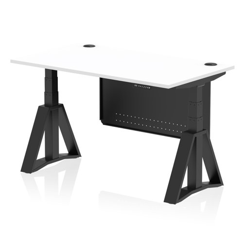 Air Modesty 1400 x 800mm Height Adjustable Office Desk White Top Cable Ports Black Leg With Black Steel Modesty Panel with Piste Foot