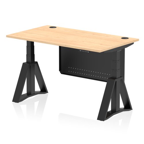 Air Modesty 1400 x 800mm Height Adjustable Office Desk Maple Top Cable Ports Black Leg With Black Steel Modesty Panel with Piste Foot