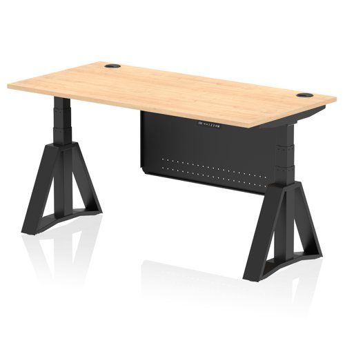 Air Modesty 1600 x 800mm Height Adjustable Office Desk Maple Top Cable Ports Black Leg With Black Steel Modesty Panel with Piste Foot