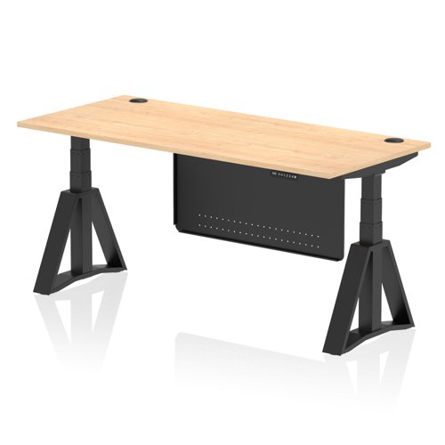 Air Modesty 1800 x 800mm Height Adjustable Office Desk Maple Top Cable Ports Black Leg With Black Steel Modesty Panel with Piste Foot