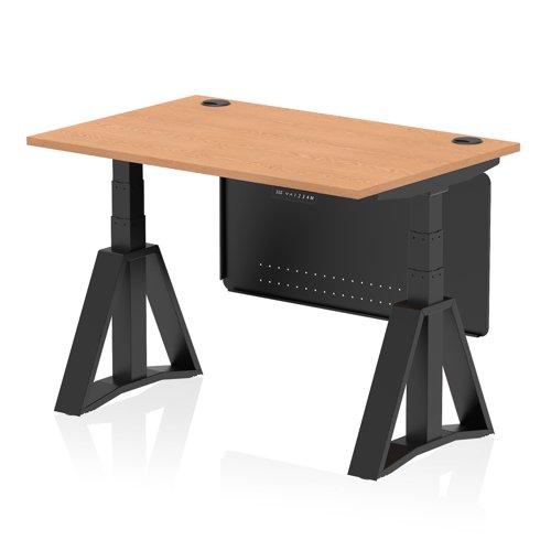 Air Modesty 1200 x 800mm Height Adjustable Office Desk Oak Top Cable Ports Black Leg With Black Steel Modesty Panel with Piste Foot