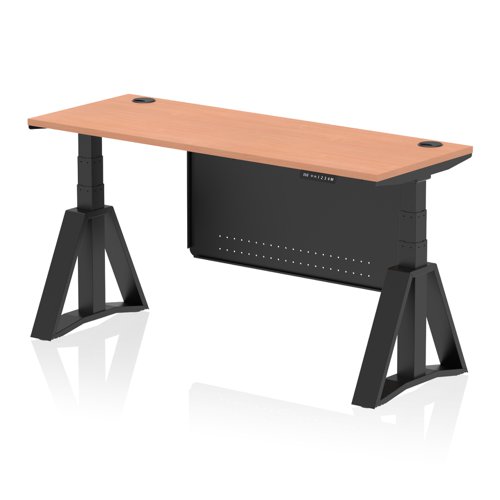 Air Modesty 1600 x 600mm Height Adjustable Office Desk Beech Top Cable Ports Black Leg With Black Steel Modesty Panel with Piste Foot
