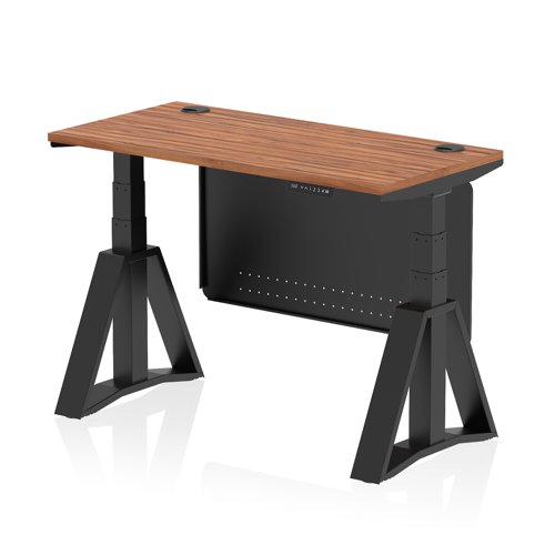Air Modesty 1200 x 600mm Height Adjustable Office Desk Walnut Top Cable Ports Black Leg With Black Steel Modesty Panel with Piste Foot