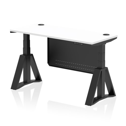 Air Modesty 1400 x 600mm Height Adjustable Office Desk White Top Cable Ports Black Leg With Black Steel Modesty Panel with Piste Foot