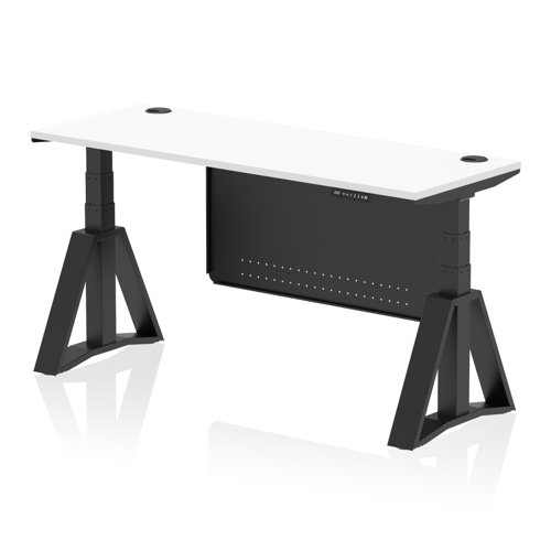 Air Modesty 1600 x 600mm Height Adjustable Office Desk White Top Cable Ports Black Leg With Black Steel Modesty Panel with Piste Foot