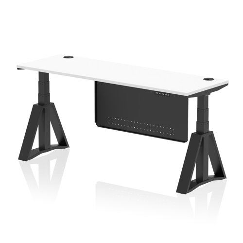 Air Modesty 1800 x 600mm Height Adjustable Office Desk White Top Cable Ports Black Leg With Black Steel Modesty Panel with Piste Foot