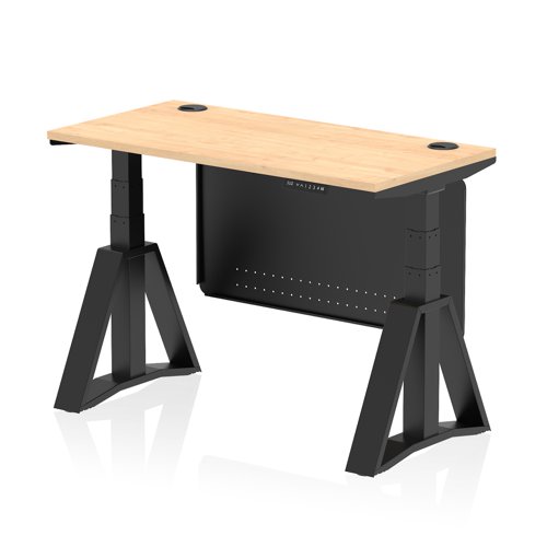 Air Modesty 1200 x 600mm Height Adjustable Office Desk Maple Top Cable Ports Black Leg With Black Steel Modesty Panel with Piste Foot