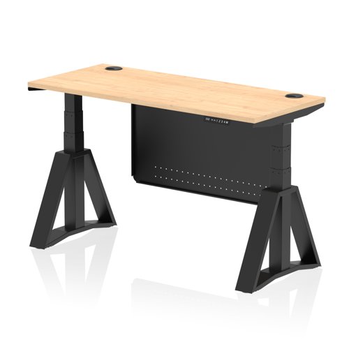 Air Modesty 1400 x 600mm Height Adjustable Office Desk Maple Top Cable Ports Black Leg With Black Steel Modesty Panel with Piste Foot