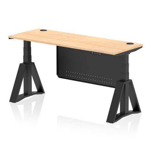 Air Modesty 1600 x 600mm Height Adjustable Office Desk Maple Top Cable Ports Black Leg With Black Steel Modesty Panel with Piste Foot