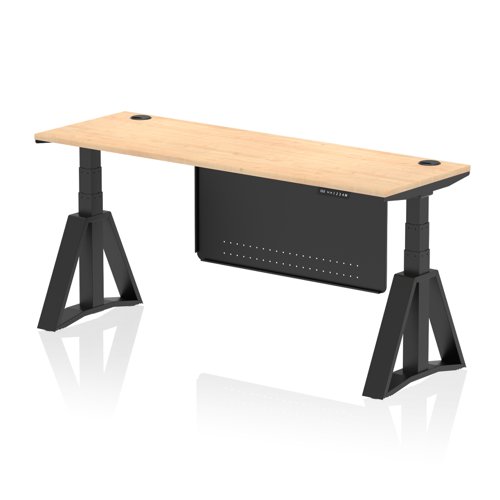 Air Modesty 1800 x 600mm Height Adjustable Office Desk Maple Top Cable Ports Black Leg With Black Steel Modesty Panel with Piste Foot
