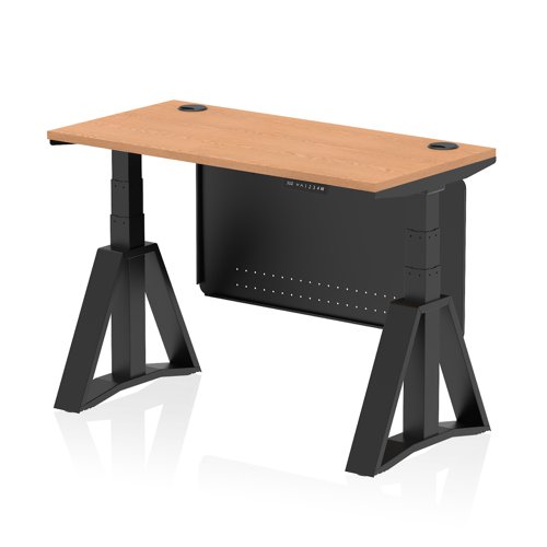 Air Modesty 1200 x 600mm Height Adjustable Office Desk Oak Top Cable Ports Black Leg With Black Steel Modesty Panel with Piste Foot