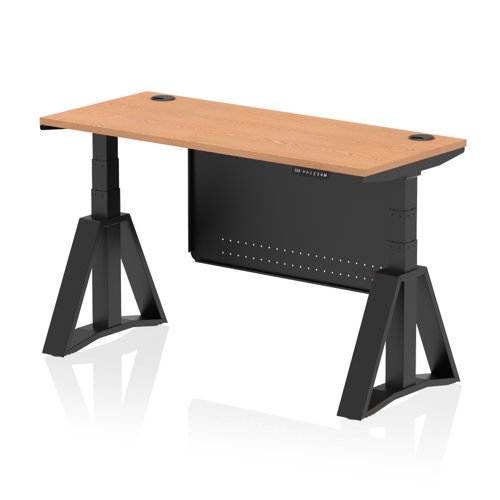 Air Modesty 1400 x 600mm Height Adjustable Office Desk Oak Top Cable Ports Black Leg With Black Steel Modesty Panel with Piste Foot