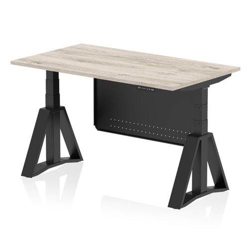 Air Modesty 1400 x 800mm Height Adjustable Office Desk Grey Oak Top Black Leg With Black Steel Modesty Panel with Piste Foot