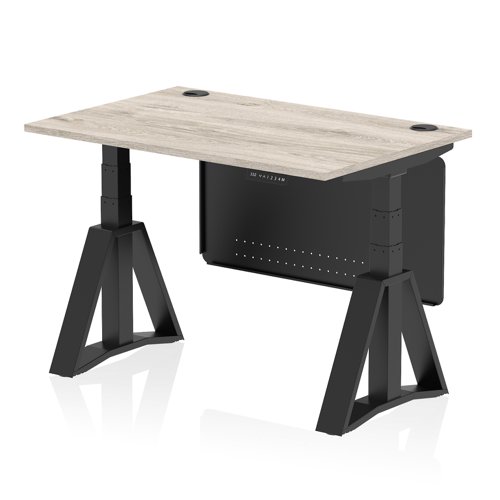 Air Modesty 1200 x 800mm Height Adjustable Office Desk Grey Oak Top Cable Ports Black Leg With Black Steel Modesty Panel with Piste Foot