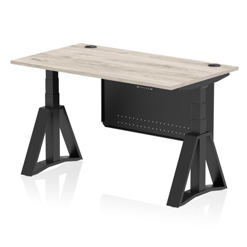 Air Modesty 1400 x 800mm Height Adjustable Office Desk Grey Oak Top Cable Ports Black Leg With Black Steel Modesty Panel with Piste Foot