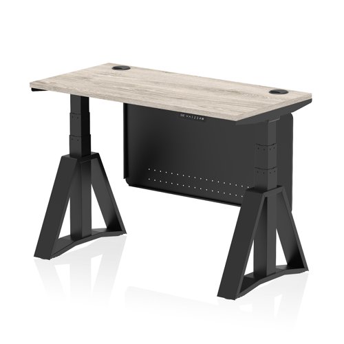 Air Modesty 1200 x 600mm Height Adjustable Office Desk Grey Oak Top Cable Ports Black Leg With Black Steel Modesty Panel with Piste Foot