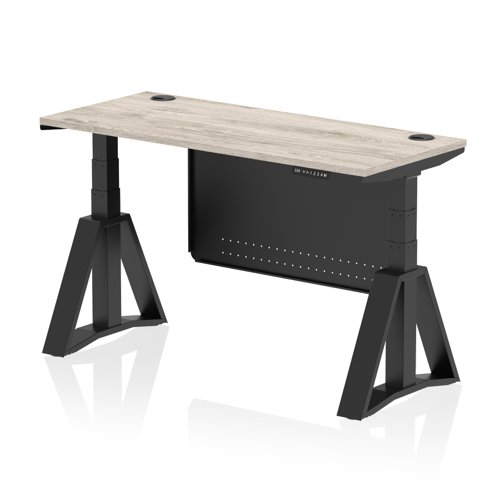 Air Modesty 1400 x 600mm Height Adjustable Office Desk Grey Oak Top Cable Ports Black Leg With Black Steel Modesty Panel with Piste Foot