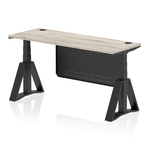 Air Modesty 1600 x 600mm Height Adjustable Office Desk Grey Oak Top Cable Ports Black Leg With Black Steel Modesty Panel with Piste Foot