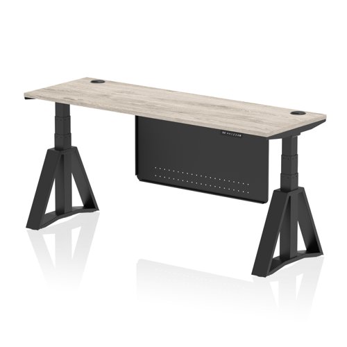 Air Modesty 1800 x 600mm Height Adjustable Office Desk Grey Oak Top Cable Ports Black Leg With Black Steel Modesty Panel with Piste Foot