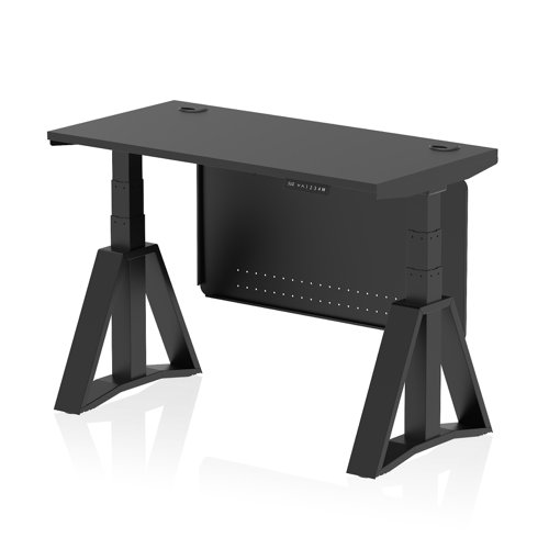 Air Modesty 1200 x 600mm Height Adjustable Office Desk Black Top Cable Ports Black Leg With Black Steel Modesty Panel with Piste Foot