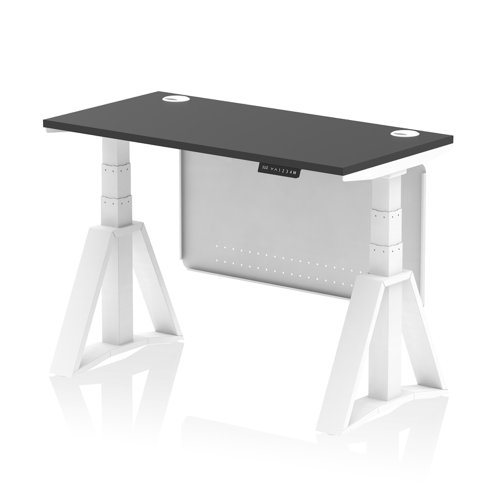 Air Modesty 1200 x 600mm Height Adjustable Office Desk Black Top Cable Ports White Leg With White Steel Modesty Panel with Piste Foot