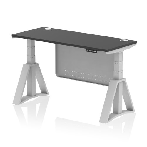 Air Modesty 1400 x 600mm Height Adjustable Office Desk Black Top Cable Ports Silver Leg With Silver Steel Modesty Panel with Piste Foot