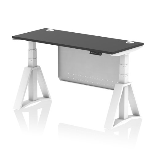 Air Modesty 1400 x 600mm Height Adjustable Office Desk Black Top Cable Ports White Leg With White Steel Modesty Panel with Piste Foot