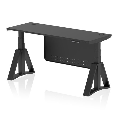 Air Modesty 1600 x 600mm Height Adjustable Office Desk Black Top Cable Ports Black Leg With Black Steel Modesty Panel with Piste Foot
