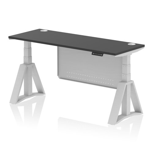 Air Modesty 1600 x 600mm Height Adjustable Office Desk Black Top Cable Ports Silver Leg With Silver Steel Modesty Panel with Piste Foot