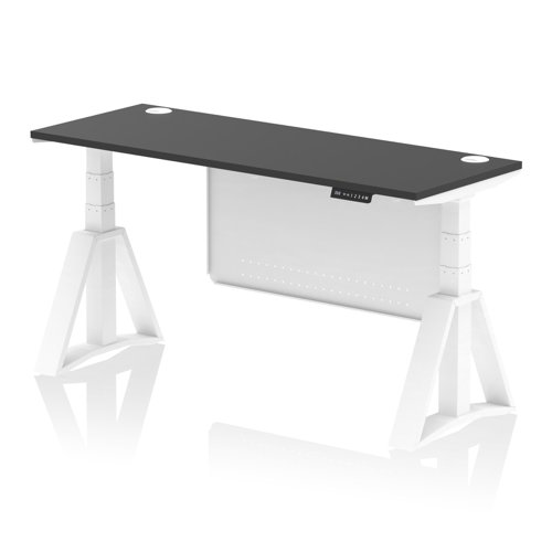Air Modesty 1600 x 600mm Height Adjustable Office Desk Black Top Cable Ports White Leg With White Steel Modesty Panel with Piste Foot