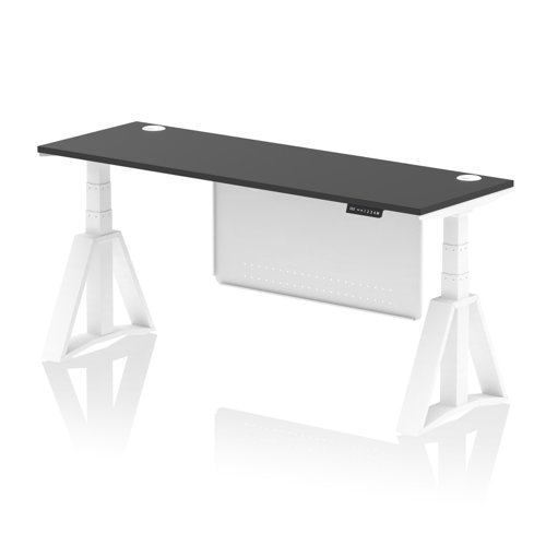 Air Modesty 1800 x 600mm Height Adjustable Office Desk Black Top Cable Ports White Leg With White Steel Modesty Panel with Piste Foot