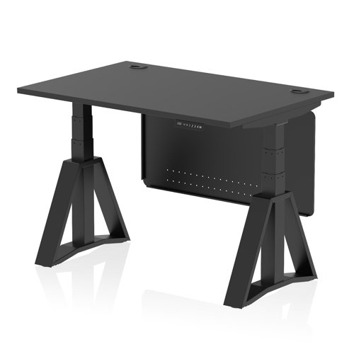 Air Modesty 1200 x 800mm Height Adjustable Office Desk Black Top Cable Ports Black Leg With Black Steel Modesty Panel with Piste Foot