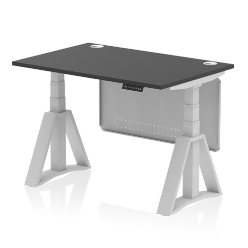 Air Modesty 1200 x 800mm Height Adjustable Office Desk Black Top Cable Ports Silver Leg With Silver Steel Modesty Panel with Piste Foot