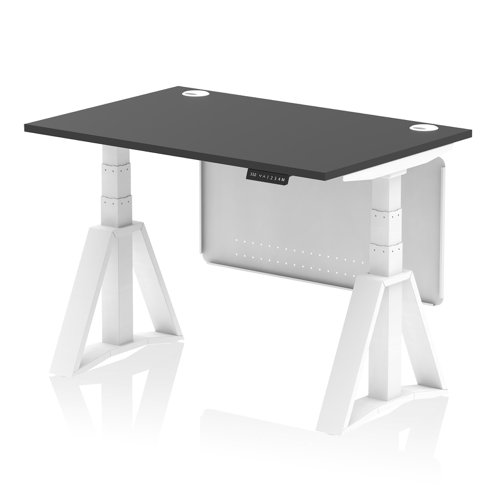 Air Modesty 1200 x 800mm Height Adjustable Office Desk Black Top Cable Ports White Leg With White Steel Modesty Panel with Piste Foot