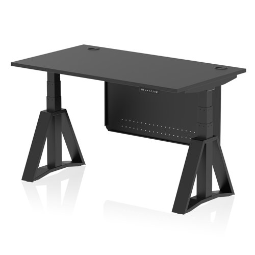 Air Modesty 1400 x 800mm Height Adjustable Office Desk Black Top Cable Ports Black Leg With Black Steel Modesty Panel with Piste Foot