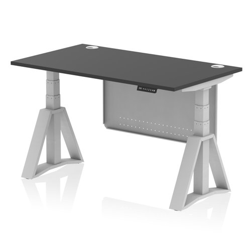 Air Modesty 1400 x 800mm Height Adjustable Office Desk Black Top Cable Ports Silver Leg With Silver Steel Modesty Panel with Piste Foot