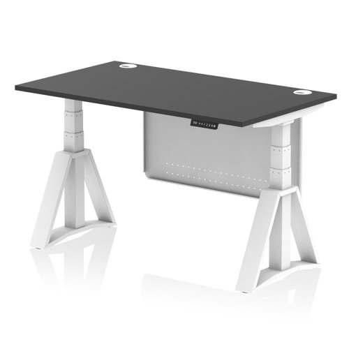 Air Modesty 1400 x 800mm Height Adjustable Office Desk Black Top Cable Ports White Leg With White Steel Modesty Panel with Piste Foot