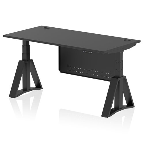 Air Modesty 1600 x 800mm Height Adjustable Office Desk Black Top Cable Ports Black Leg With Black Steel Modesty Panel with Piste Foot