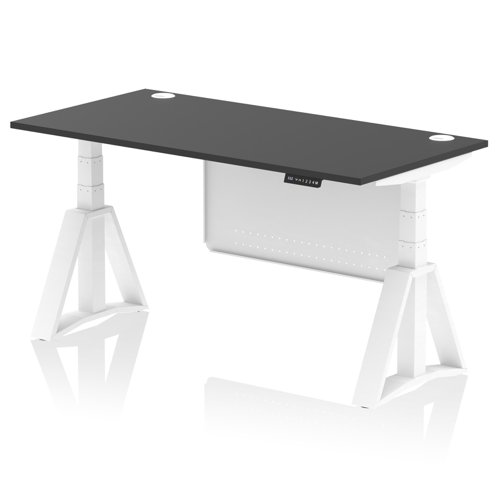 Air Modesty 1600 x 800mm Height Adjustable Office Desk Black Top Cable Ports White Leg With White Steel Modesty Panel with Piste Foot