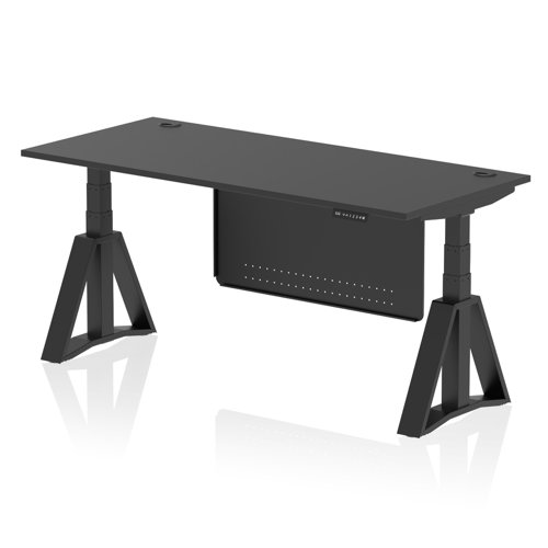Air Modesty 1800 x 800mm Height Adjustable Office Desk Black Top Cable Ports Black Leg With Black Steel Modesty Panel with Piste Foot