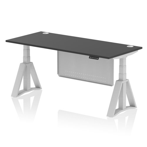 Air Modesty 1800 x 800mm Height Adjustable Office Desk Black Top Cable Ports Silver Leg With Silver Steel Modesty Panel with Piste Foot