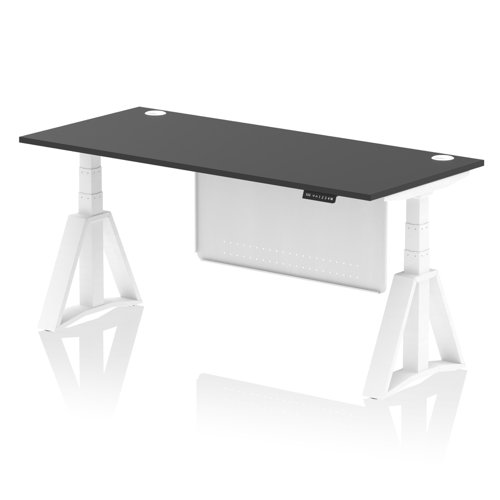 Air Modesty 1800 x 800mm Height Adjustable Office Desk Black Top Cable Ports White Leg With White Steel Modesty Panel with Piste Foot