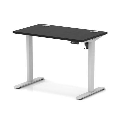 Air Lite 1000 x 600mm Height Adjustable Office Desk Black Top Cable Ports Silver Leg